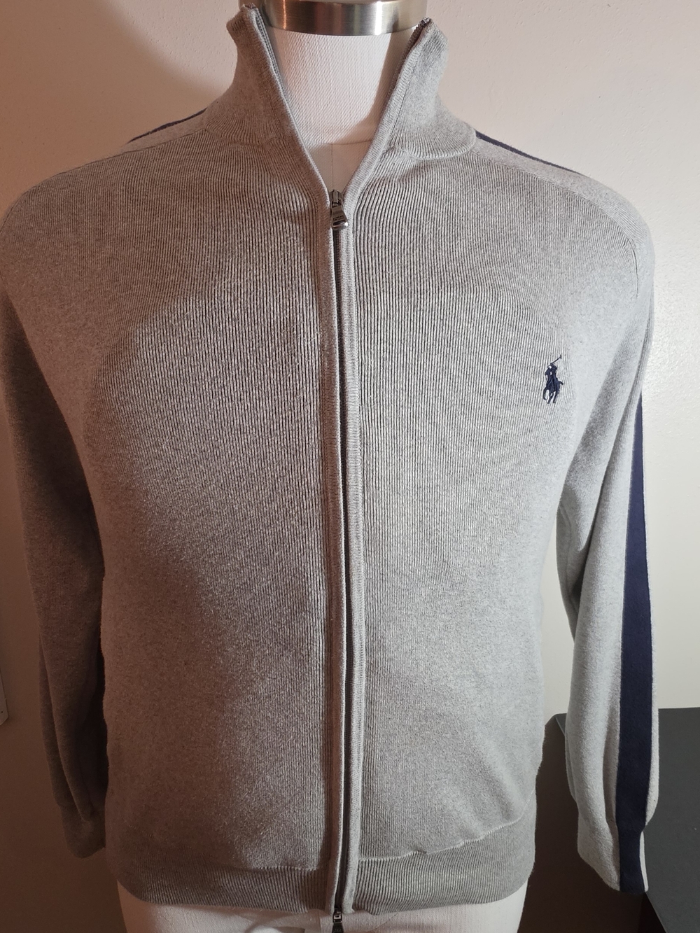 Polo by Ralph Lauren Men's Gray Full-Zip Sweater with Navy Stripe